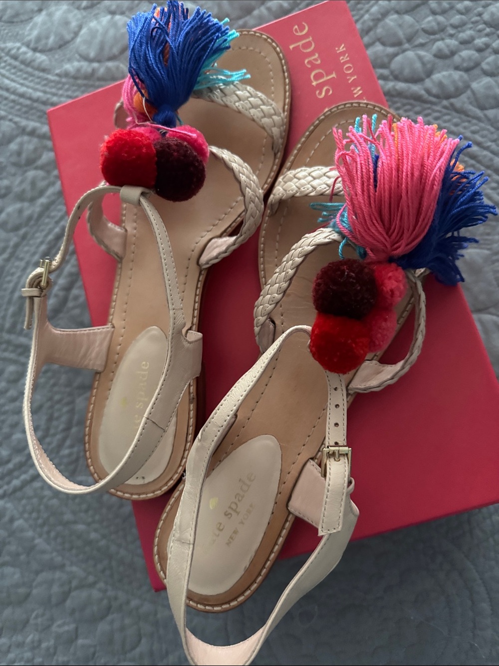 kate spade Beige Braided Pom-Pom Tassel Sandals with Multicolor Accents - Picture 4 of 4